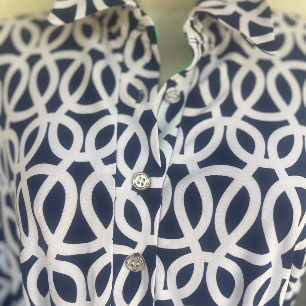 Sandra Darren Navy, Blue & Green Geometric Midi Dress with Belt - Picture 4 of 4